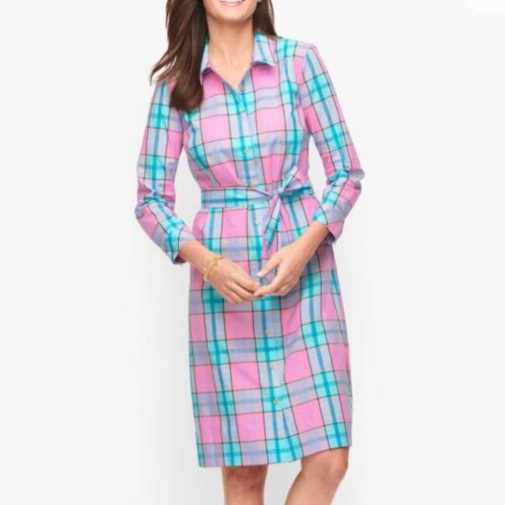 TALBOTS Fauna Plaid Belted Shirt Dress | 8 Petite | 3/4 Sleeve Mid Length EUC